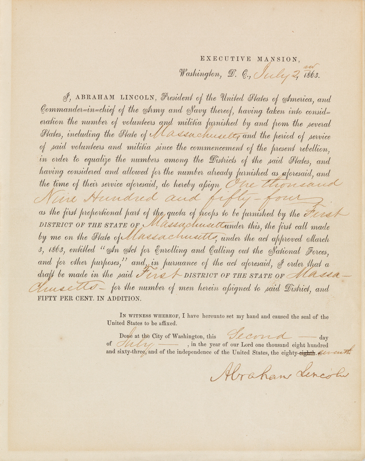 (CIVIL WAR.) LINCOLN, ABRAHAM. Partly-printed Document Signed, as President,